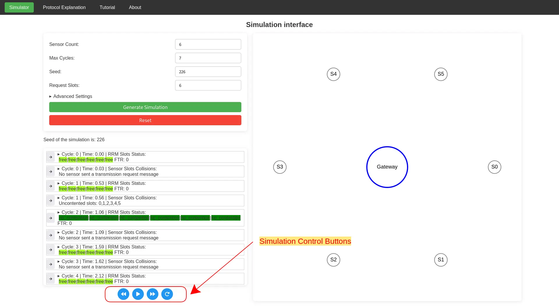 Highlighted simulation control buttons